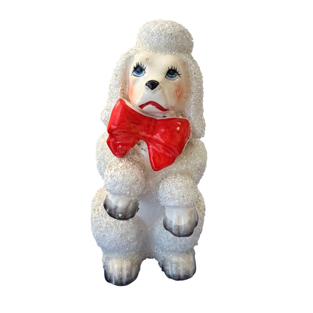 Vintage White glitter Spaghetti Poodle Sugar Glaze Red Mid Century Kitsch 5in
